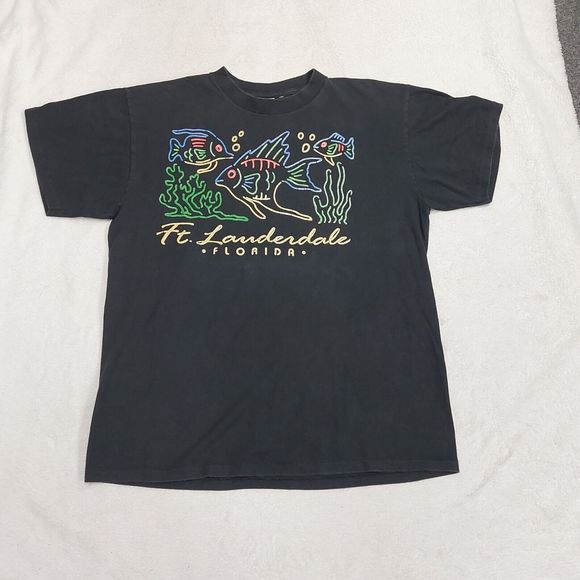 Vtg Ft Lauderdale Black Colorful Fish Single Stitch Graphic T-Shirt Size Large - Picture 1 of 8